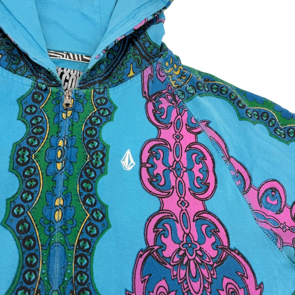 Vintage Y2K Volcom Full Zip Hoodie Paisley Turquoise Pink Large Grunge Skater - Picture 2 of 11